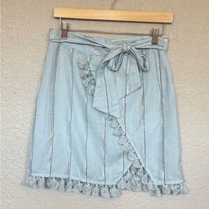 NWT RAGA TAMARINDO SKIRT, SKY BLUE  METALLIC TASSEL MINI SKIRT, SMALL